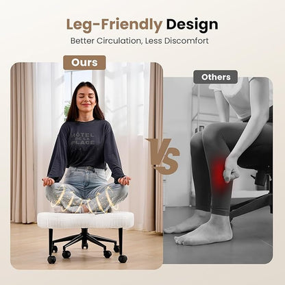 Ergonomic Cross Legged Chair, Wide Vanity Chair with Wheels, Meditation Chair for ADHD, Comfortable Adjustable Swivel Computer Office Desk Chairs for Home, Make Up, Bed Room, Corduroy Fabric, White