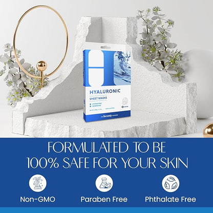 Hyaluronic Acid Sheet Face Mask - Skin Firming, Anti-Aging, Moisturizes & Plumps Skin - Dermatologist Tested, Cruelty-Free Korean Skin Care for All Skin Types - 5 Masks