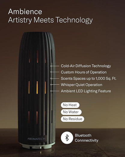 AromaTech Ambience Scent Diffuser for Essential Oil Blends & Fragrances – Waterless Scent Machine w/Bluetooth for Home, Bathroom Boutiques, Hotel, Spa – Charcoal