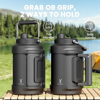 Meoky 1 Gallon Insulated Water Bottle for Sports 128 oz Triple Wall Vacuum Stainless Steel Water Jug - Top and Side Handles, Cold for 48 Hrs, 2-in-1 Straw and Spout Lid, Leak Proof for Hiking (Night)