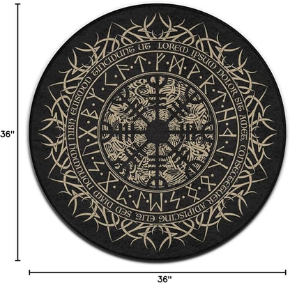 Soft Round Yoga Carpet, Large Home Decor Mat, Non-Slip Machine Washable Kitchen Office Circle Rug Compatible with Cool Norse Viking Vegvisir Runic Compass