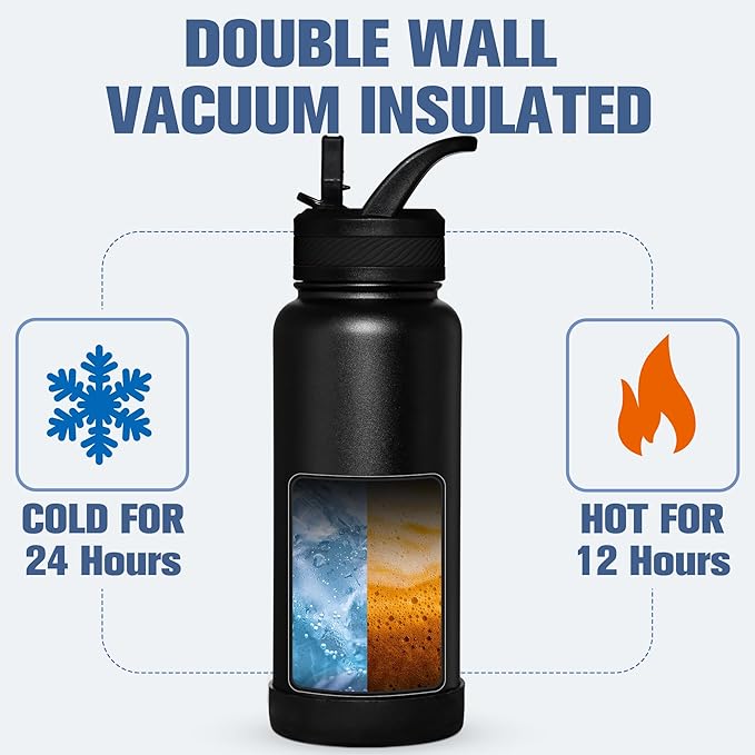 OLDLEY 32 oz Insulated Water Bottle With Straw, Stainless Steel Sports Water Cup Flask with 3 Lids(Straw, Spout and Handle Lid) Double Walled Travel Thermal Canteen Mug,Black