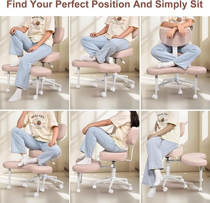 Meditation Chair, Cross Legged ADHD Office Chair for Adults with Wheels Ergonomic Back Support and Leg Rest for Multi Position Criss Cross Sitting Kneeling and Yoga Height Adjustable, Leather Style