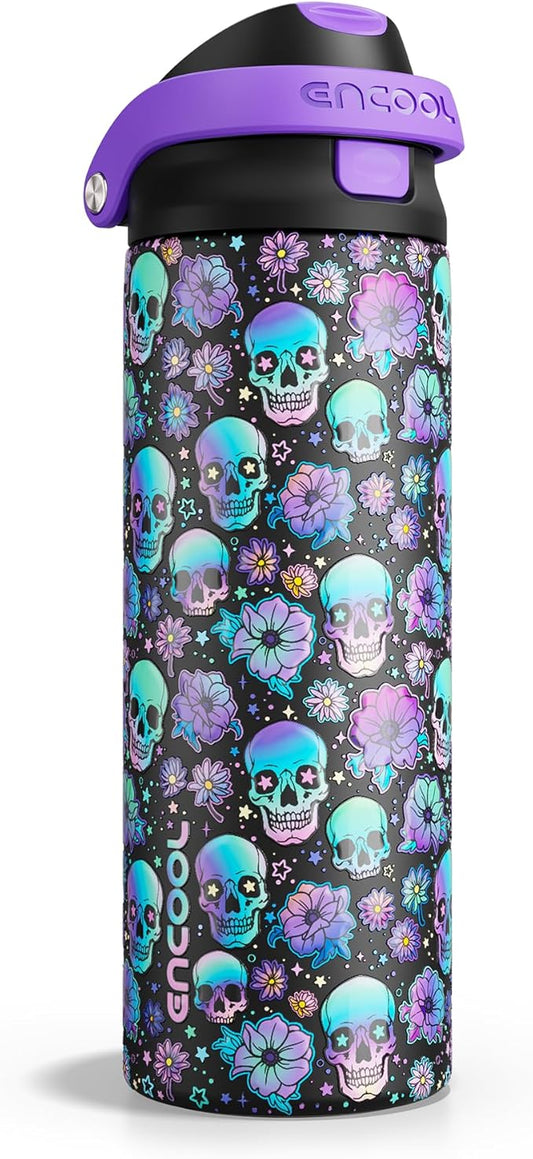 Halloween Gothic Water Bottle with Straw, Stainless Steel Insulated Water Bottle,Leak Proof, One-Touch Flip Lid, BPA Free, Holiday Gifts For Women Men, 24oz, Floral Afterlife