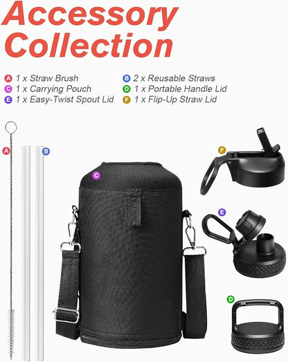 Coolflask 128 oz Gallon Water Bottle Insulated with Straw&3 Lids, Water Jug Large Stainless Steel Metal Vacuum Wide Mouth for Sports, Gym or Office, Non-BPA Keep Cold 48H Hot 24H, Piano Night