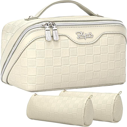 BOYATU Travel Makeup Bag Organizer Cosmetic Bag: 3 Pcs Set Make up Bags for Women with Handle - Waterproof Vegan Leather Toiletry Bags Travel Essentials Pouch with Compartments (C-04-Beige)