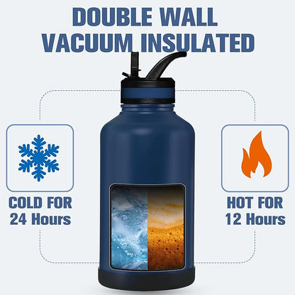 OLDLEY 64 oz Insulated Water Bottle With Straw, Stainless Steel Sports Water Cup Flask with 3 Lids(Straw, Spout and Handle Lid) Double Walled Travel Thermal Canteen Mug,Navy Blue