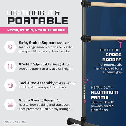 VITA Barre Portable Freestanding Double Ballet Barre, Prodigy, Wood | Adjustable Height, USA Made, Home or Gym Exercise Equipment for Kids & Adults | Dance, Fitness, Pilates