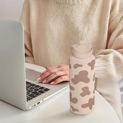 Cow Print Water Bottle 32oz Stainless Steel with Lid, Insulated Bottles for Sports Travel Outdoor, Gifts for Women Girls Birthday Christmas