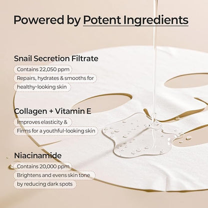 MOTHER MADE Glowing Glass Skin Hydrating Snail Deep Collagen Face Masks 10 EA, with Niacinamide 2%, Vitamin E, Facial Masks for Dry, Sensitive Skin, Kbeauty Essentials, Self Care, Korean Skincare