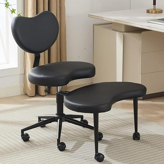 Cross-Legged Meditation Chair with Wheels, Adjustable Desk Chair for Home Office, Ergonomic Floor Seat for ADHD & Yoga, Criss Cross Chair with Lumbar Support, Memory Foam Cushion (Black-PU Leather)