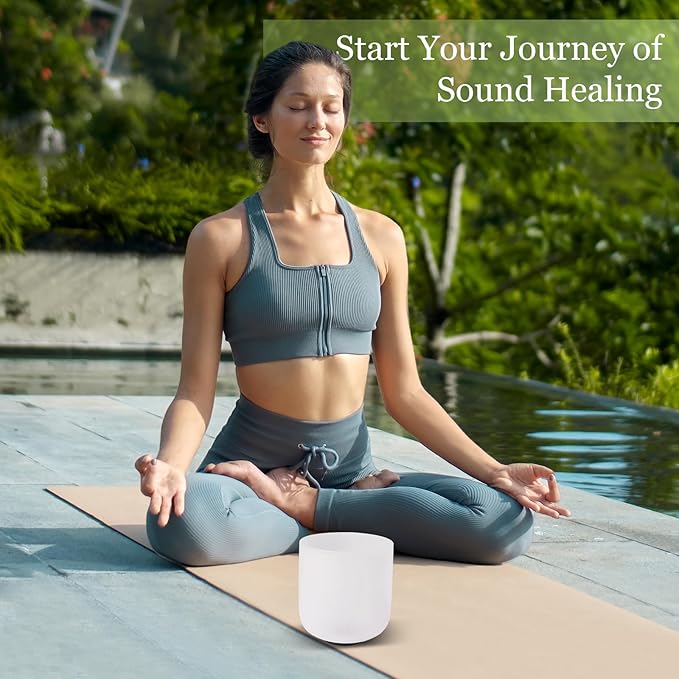 432HZ 6 Inchs Frosted Crystal Singing Bowl Set for Meditation Healing Yoga Chakra Quartz Crystal Sound Bowls with Heavy Duty Carry Case and Rubber Mallet,Suede Striker,O-rings