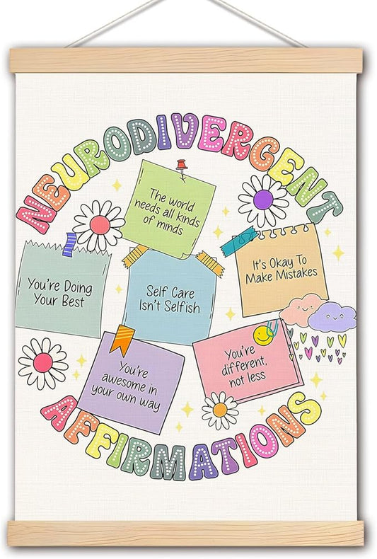 DNEULYR Neurodivergent Affirmations Inspirational Mental Health Wall Art Poster, ADHD Neurodivergent Autism Acceptance Ayslexia Wall Decor for Classroom Counselor Therapy Office Decor, 12x16 Inches