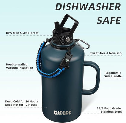 BJPKPK 2/3 Gallon Water Bottle Insulated with Straw Lid, 50oz, 64oz, 87oz, 128oz Large, Stainless Steel Water Bottles with 3 Lids and Paracord Strap, Double Wall Vacuum Metal Water Jug,Navy Blue