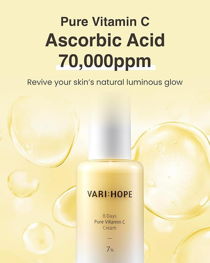8 Days Pure Vitamin C Cream (1.7fl oz) - Korean Moisturizer for Radiant Skin. Deep Hydration, Glow, Nourishment. Stabilized Vitamin C, Kakadu Plum, Beta-Glucan.