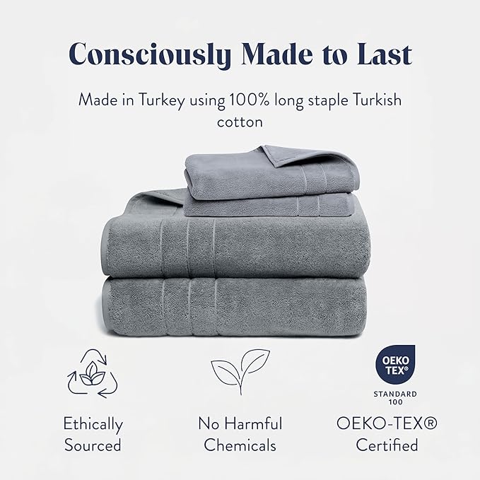 Brooklinen Super-Plush Turkish Cotton Bath Sheets Set - 2 Bath Sheets + 2 Hand Towels Cotton, 820 GSM, Highly Absorbent, Machine Washable, Perfect for Home & Bathroom (Smoke Grey)