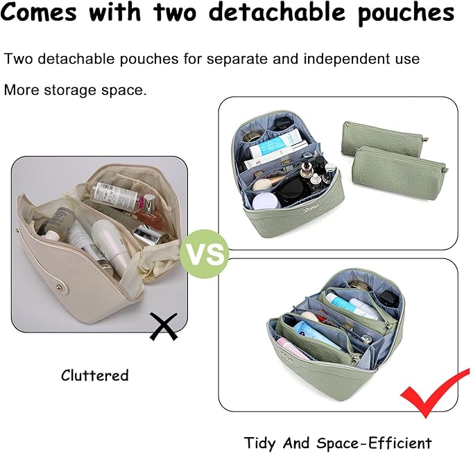 BOYATU Travel Makeup Bag Organizer Cosmetic Bag: 3 Pcs Set Make up Bags for Women with Handle - Waterproof Vegan Leather Toiletry Bags Travel Essentials Pouch with Compartments (C-06-Green)