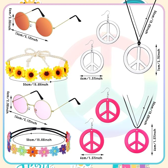 Remuuly 16 Pcs Hippie Costume Accessories for Women 60s 70s Accessory Set Includes Headband Hippie Sunglasses Peace Sign Earrings and Necklace Jewelry Outfits Men Women Costume Party Supplies