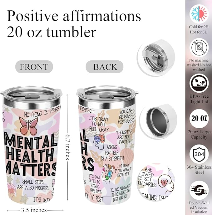 Mental Health Gifts Positive Affirmations Mental Health Awareness Inspirational Gifts for Women Mom Friend Birthday Friendship Christmas, Office 6PCS 20oz Tumbler Makeup Bag Ballpoint Pen Notebook