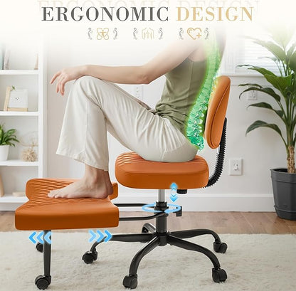 Furmax Ergonomic Criss Cross Legged Office Chair with Wheels, 360°Swivel Adjustable Height Kneeling Desk Chair with Footrest for ADHD, Yoga, Meditation, Home Office (Leather, Brown)