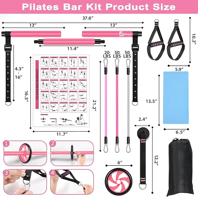 Pilates Bar Kit with Resistance Bands,Ab Roller,2 in 1 Foot Strap & Handle,Door Anchor Pilates Equipment with Resistance Bands, Portable Home Gym Yoga Fitness Bar for Women & Men
