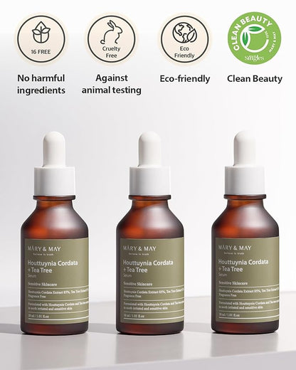 Mary&May Houttuynia Cordata + Tea Tree Serum - Effective Pore Clearing and Acne Treatment Face Serum - Non-Sticky Formula for Improved Skin Barrier and Calm Skin - Fragrance Free, 1.01 fl.oz.