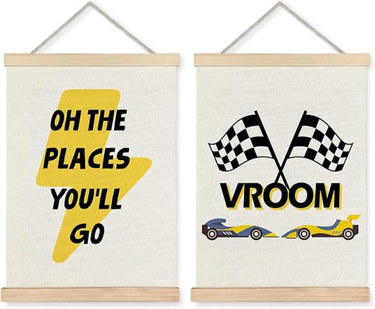 JINYO Race Car Wall Decor, Black and White Checkered Racing Flag Quote Wall Art Poster, Race Car Room Decor, Racing Cars Posters for Kids Boys Room Bedroom Playroom, 12x16 Inches Set of 2