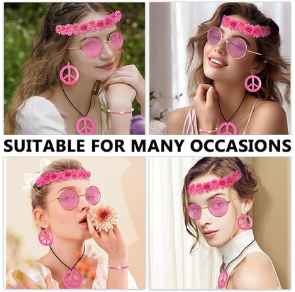 Hippie Costume Accessories Set Peace Sign Necklace Sunglasses Flower Headband Earrings for 60s 70s Outfit Party Women