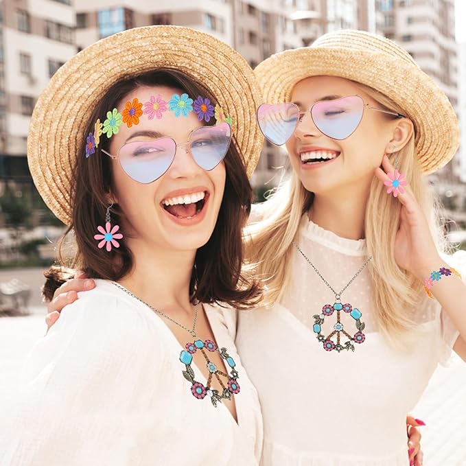 5 Pcs Hippie Costume Accessories Set Women, 60s 70s Party Dressing Accessory Peace Sign Necklace Party Decorations for Party