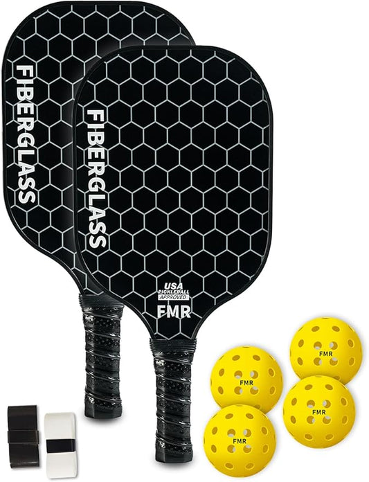 Pickleball Paddles Set of 2 with 4 Balls - USAPA Approved Fiberglass Surface, Lightweight, Non-Slip Grip - Premium Paddle Set for All Skill Levels Indoor & Outdoor