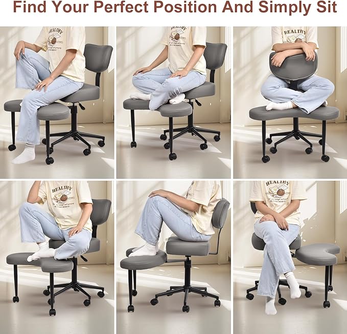 Meditation Chair, Cross Legged ADHD Office Chair for Adults with Wheels Ergonomic Back Support and Leg Rest for Multi Position Criss Cross Sitting Kneeling and Yoga Height Adjustable, Leather Style