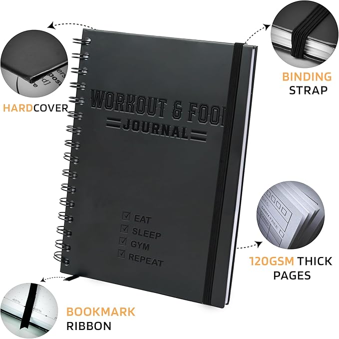 Nextnoid Hardcover Fitness & Food Journal - Nutrition & Workout Planner for Men & Women - A5(5.7" x 8.3") Sturdy Workout Log Book to Track Diet, Gym & Home Workouts