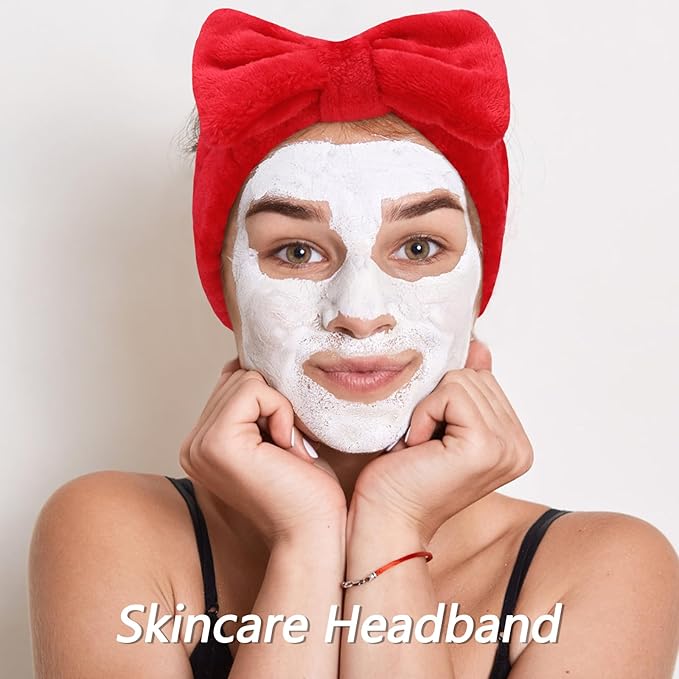 VELSCRUN Spa Headbands for Wash Face, Makeup Headband, Facial Skincare Headbands, 5 Pcs Red Puffy Sponge Spa Headband Bow Tie Hair Band Hair Clips Wristband Set Women Girls Accessories
