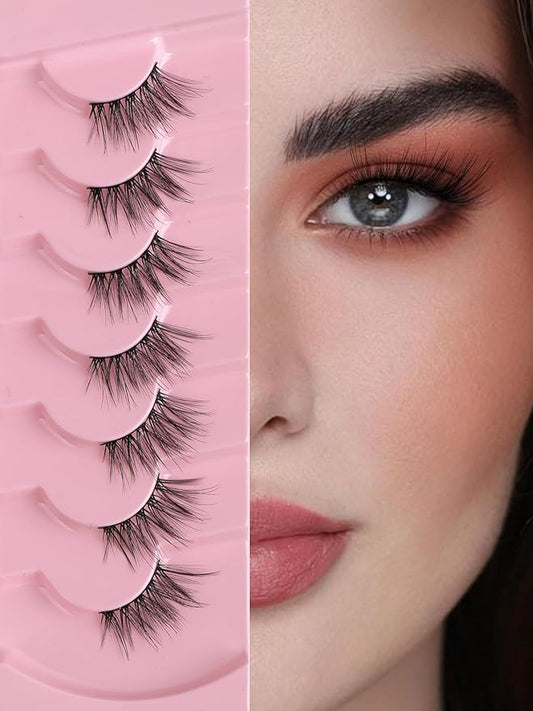 Half Lashes Cat Eyelashes 14mm False Eyelashes Natural Cat Eye Lashes Wispy Eyelashes with Thin Band 3D Volume False Lashes C Curl Soft Strip Lashes Pack 7 Pair EVENTILL