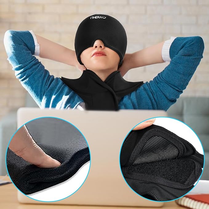 I-THERA-U Migraine Relief Cap & Neck Ice Pack Wrap Gel Combo, 2Pcs-Set Reusable Headache Hat Ice Pack Mask, Cervical Cold Compress Head Wrap for Tension, Cooling, Pain Relieve