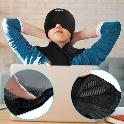 I-THERA-U Migraine Relief Cap & Neck Ice Pack Wrap Gel Combo, 2Pcs-Set Reusable Headache Hat Ice Pack Mask, Cervical Cold Compress Head Wrap for Tension, Cooling, Pain Relieve