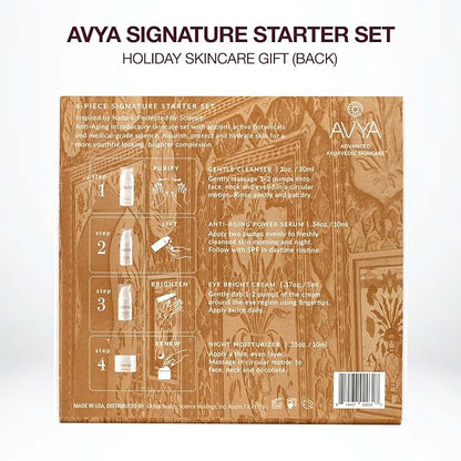Avya Skincare Discovery Starter Set | Anti-Aging | Gentle Cleanser (15ml) + Anti-Aging Power Serum (10ml) + Eye Bright Cream (5ml) + Night Moisturizer (10ml)