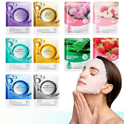 Kaely 10 Pack Variety Sheet Masks, Spa Party Face Masks for Kids Teens Women Men Skincare Set, Girls Night Facial Masks Skin Care, Moisturize Soothe for All Skin Types, Christmas Gifts, Set02