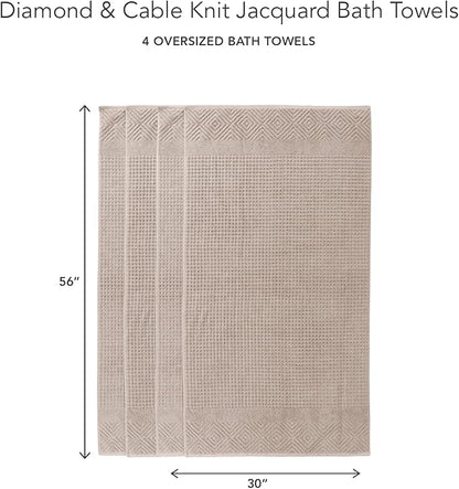 Texere 100% Organic Cotton Diamond Jacquard 700 GSM Luxury Bath Towel Sets - Ultra Soft and Absorbent Hotel and Spa Quality (Diamond, Oxford Tan, 4 Bath Towels)