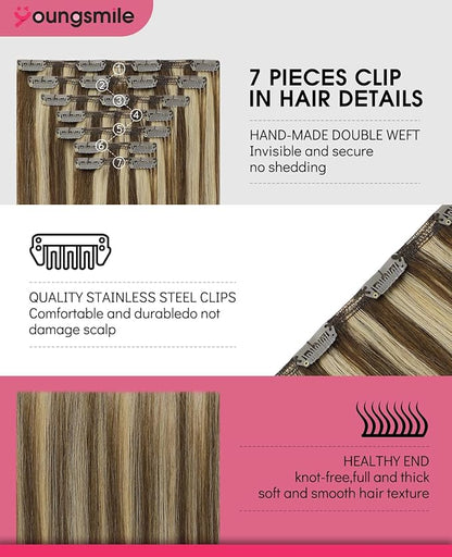 Youngsmile Clip in Hair Extensions Real Human Hair,160g 7pcs 20inch Chocolate Brown Mixed Caramel Blonde Remy Clip in Human Hair Extensions Silk Straight,Double Weft (7C#4P27-20Inch)