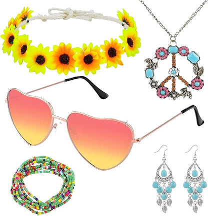 5 Pcs Hippie Costume Accessories Set Women, 60s 70s Party Dressing Accessory Peace Sign Necklace Party Decorations for Party