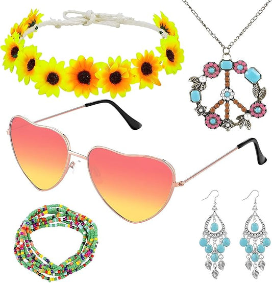 5 Pcs Hippie Costume Accessories Set Women, 60s 70s Party Dressing Accessory Peace Sign Necklace Party Decorations for Party