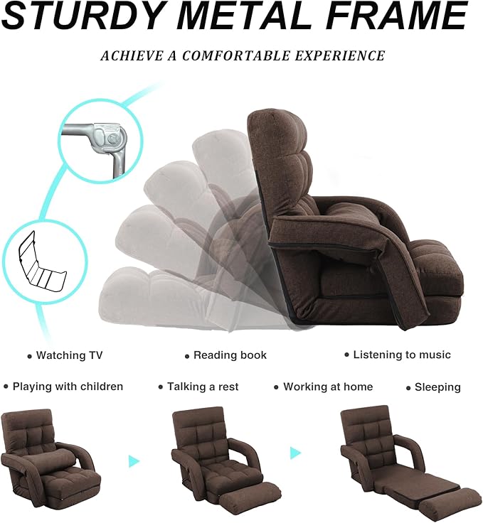 Adjustable Floor Chair for Adults with Back Suppor,5-Position Folding Lazy Sofa with Pillow, Gaming & Meditation Chair with Breathable Fabric - for Living Room, Bedroom, Office,Balcony (Brown)