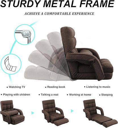 Adjustable Floor Chair for Adults with Back Suppor,5-Position Folding Lazy Sofa with Pillow, Gaming & Meditation Chair with Breathable Fabric - for Living Room, Bedroom, Office,Balcony (Brown)