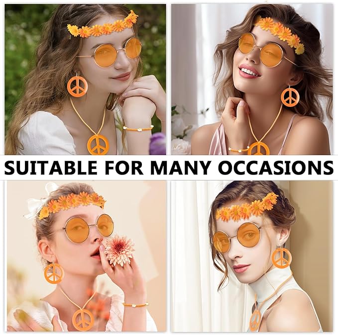 Hippie Costume Accessories Set Peace Sign Necklace Sunglasses Flower Headband Earrings for 60s 70s Outfit Party Women