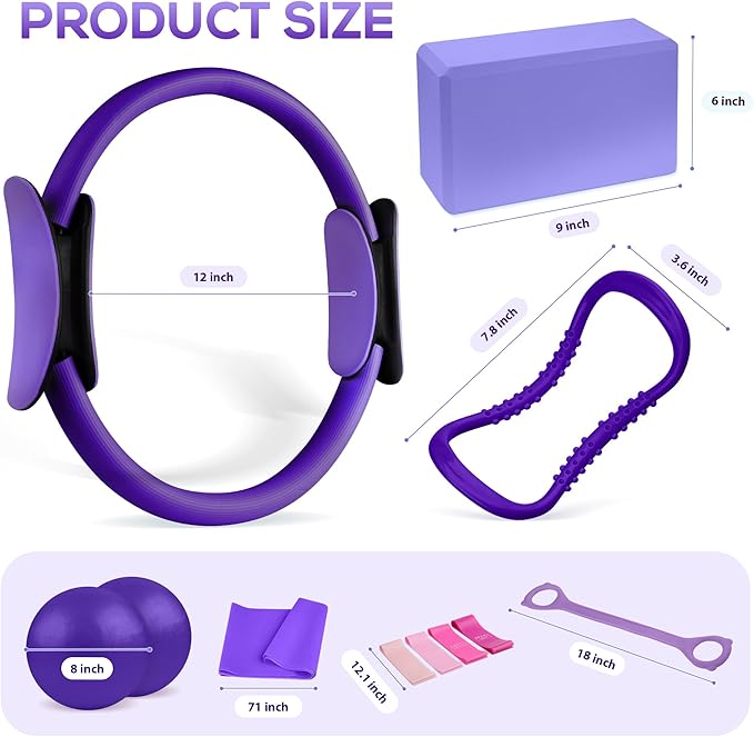Pilates Ring Essentials Kit for Women,Home Fitness Equipment Sets with 12''Pilates Ring,2 Pilates Ball,Yoga Brick,Elastic Band & Other Accessories Suitable for Exercise & Shape Up-13PCS