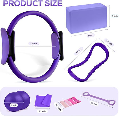 Pilates Ring Essentials Kit for Women,Home Fitness Equipment Sets with 12''Pilates Ring,2 Pilates Ball,Yoga Brick,Elastic Band & Other Accessories Suitable for Exercise & Shape Up-13PCS
