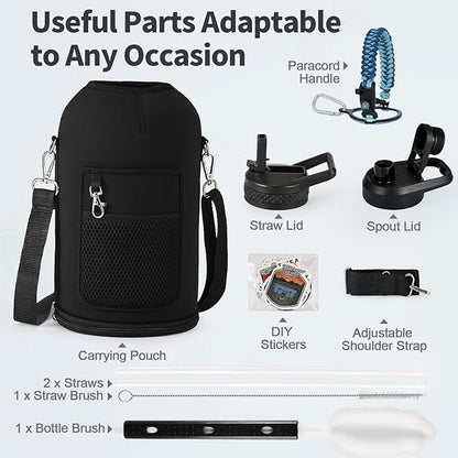 One Gallon Water Bottle Insulated, Triple Wall Vacuum Cold for 48 Hrs & Leak-proof & Non-BPA, 128oz Large Sports Stainless Steel Water Jug with Paracord Handle Straw Spout Lids & DIY Stickers