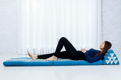 Leewadee Comfortable Japanese Floor Mattress - Thai Floor Bed with Triangle Cushion - Futon Mattress - XL Extra Long Thai Massage Mat, 89 x 20 inches, Light Blue, Kapok Filling