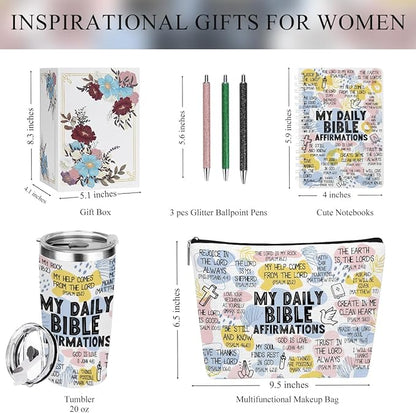 Daily Affirmations for Women Bible Verse Makeup Bag Inspirational Christian Gifts for Women Sister Coworker Mental Health Birthday Christmas, 20oz Tumbler Makeup Bag Ballpoint Pen Notebook 6PCS